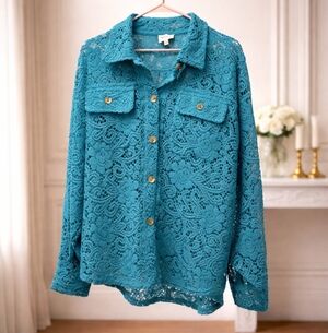NWOT BiBi Size Large Turquoise Lace Button-Down Shirt
